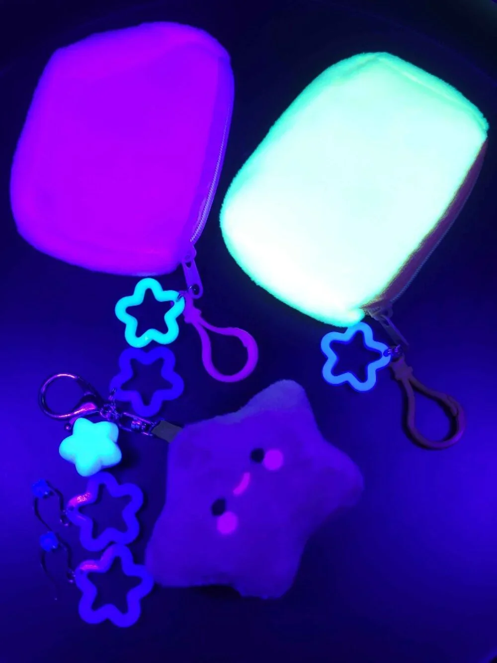 Rave festival earrings & bags, binkies, plush bag charms.